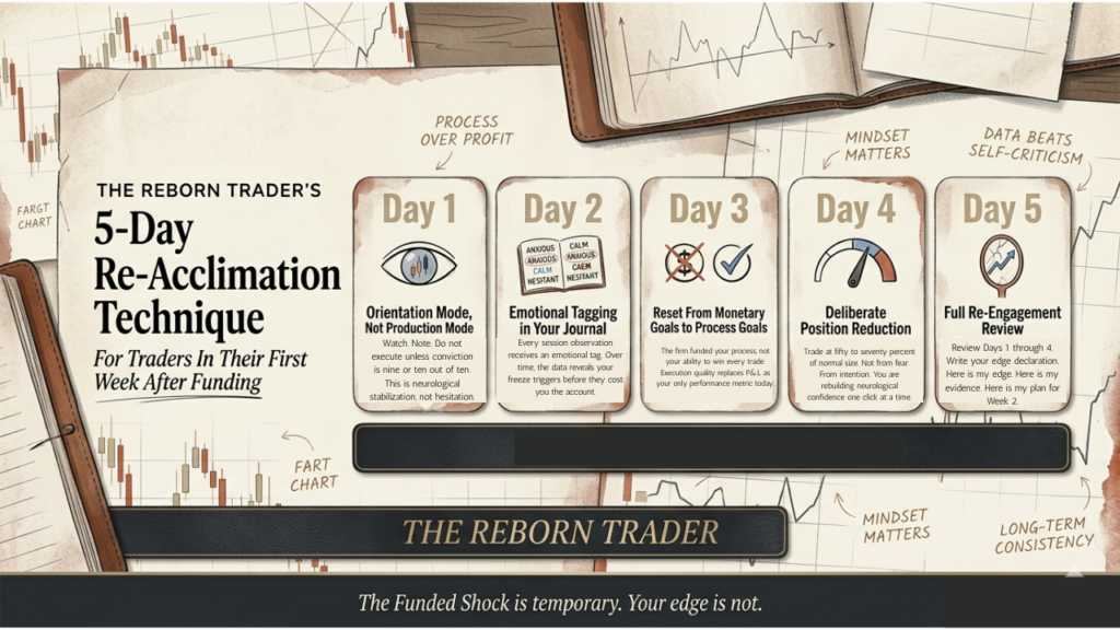 Funded trader psychology infographic showing The Reborn Trader 5-Day Re-Acclimation Technique by Shahzaib Khan for psychology after passing prop firm challenge