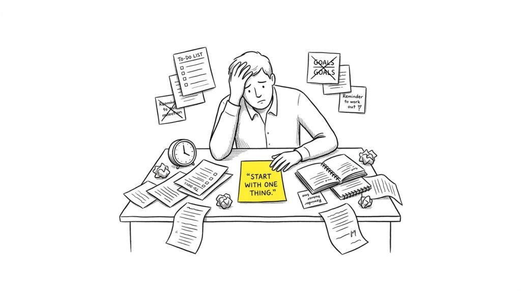 Hand-drawn illustration of an overwhelmed person at a cluttered desk with scattered papers, unfinished to-do lists, and a yellow sticky note saying “Start With One Thing,” representing how to get your life together when everything feels overwhelming.