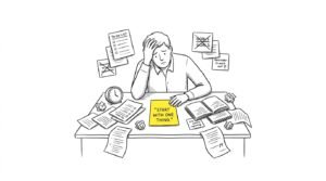 Hand-drawn illustration of an overwhelmed person at a cluttered desk with scattered papers, unfinished to-do lists, and a yellow sticky note saying “Start With One Thing,” representing how to get your life together when everything feels overwhelming.