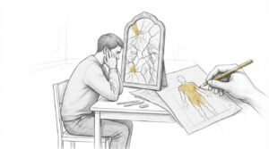 How to rebuild yourself after losing your identity, illustrated by a hand-drawn figure rebuilding his life