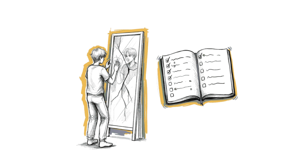 How to Build Self-Trust After Breaking Promises to Yourself – Hand-Drawn Illustration of a Broken Mirror and Promise Ledger.