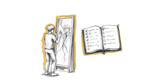 How to Build Self-Trust After Breaking Promises to Yourself – Hand-Drawn Illustration of a Broken Mirror and Promise Ledger.