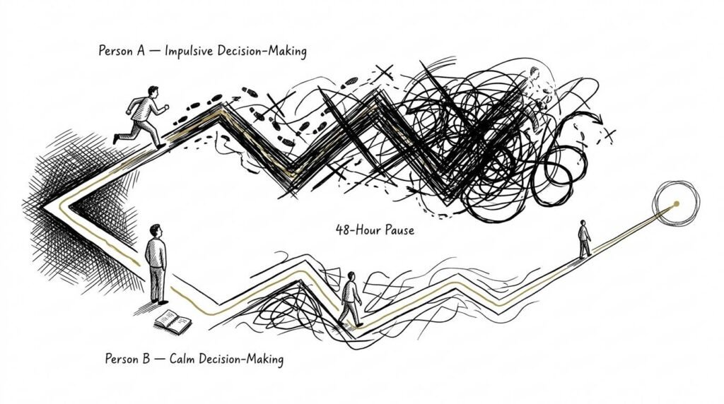 Two people navigate different paths after a setback, illustrating how to deal with failure through calm versus impulsive decision-making.