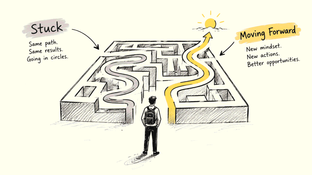 A hand-drawn illustration inspired by Who Moved My Cheese? by Spencer Johnson, showing a person standing at a maze with two paths: one labeled “Stuck,” leading in circles with the same results, and another labeled “Moving Forward,” leading toward new opportunities. Black ink sketching and mustard-yellow highlights symbolize adapting to change, overcoming fear, breaking old habits, and finding a new direction in life, career, business, and relationships.