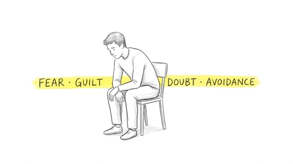 Hand-drawn illustration of a man procrastinating, highlighting fear, guilt, doubt, and avoidance on a white background.