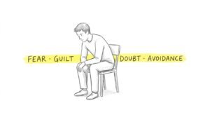Hand-drawn illustration of a man procrastinating, highlighting fear, guilt, doubt, and avoidance on a white background.