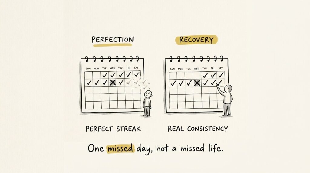 Why You Start Strong but Fall Back Into Old Habits: Learn how to stay consistent with habits, overcome habit relapse, rebuild discipline, and maintain consistency when motivation fades using the Minimum, Standard, Recovery framework. One missed day doesn't mean failure. Build sustainable habits by learning how to return.